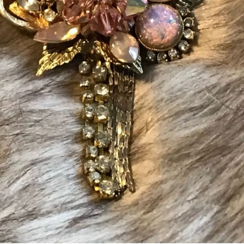 Pink Faux Opal and Gold Beaded Brooch Pin